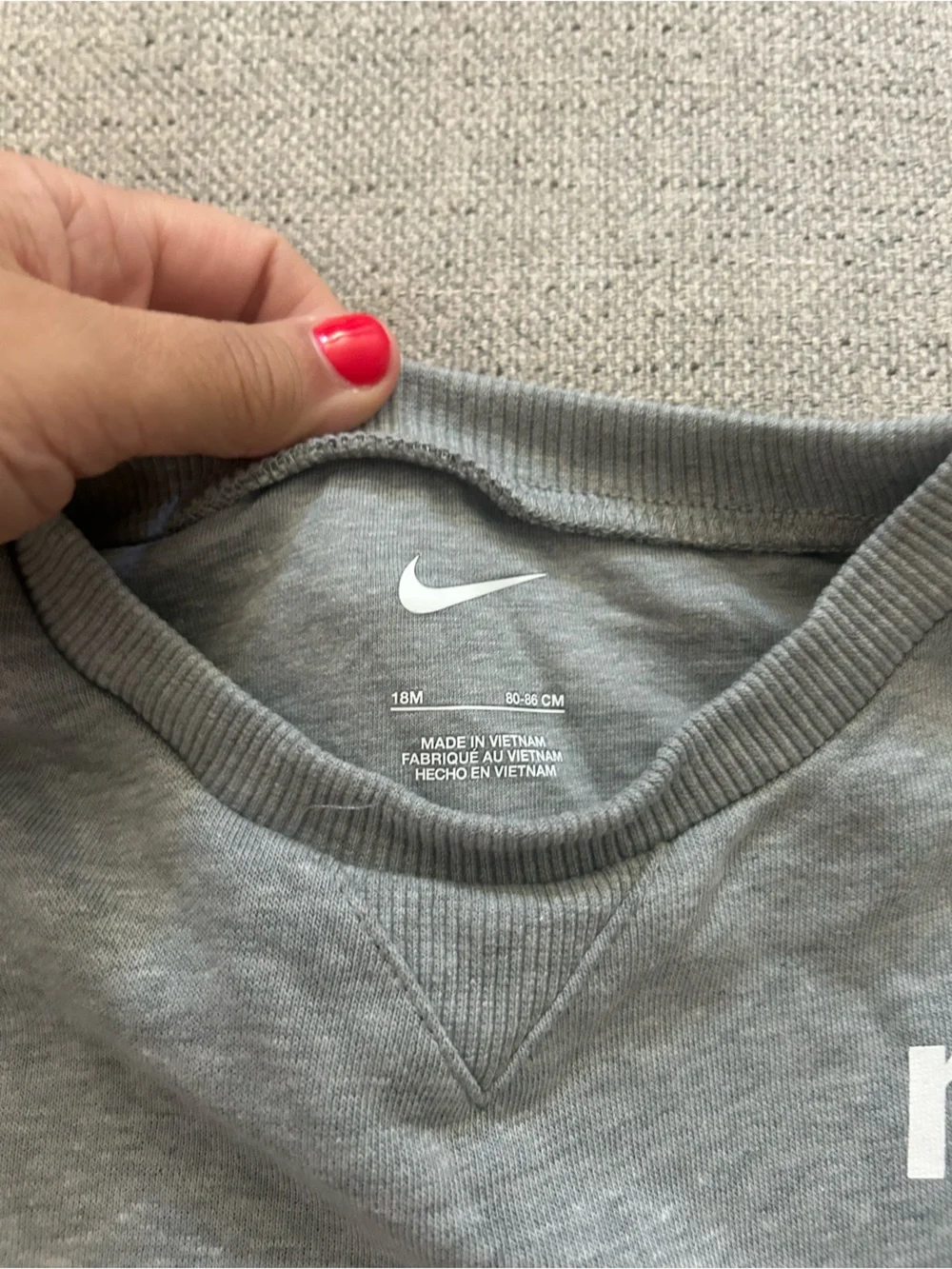 Nike Grey Baby Sweatshirt Bodysuit with White Logo and Blue Swoosh